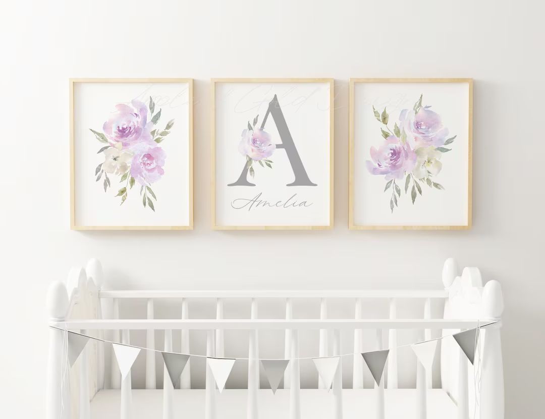 Purple Floral Personalised Nursery Wall Art  Girl Nursery - Etsy | Etsy (US)