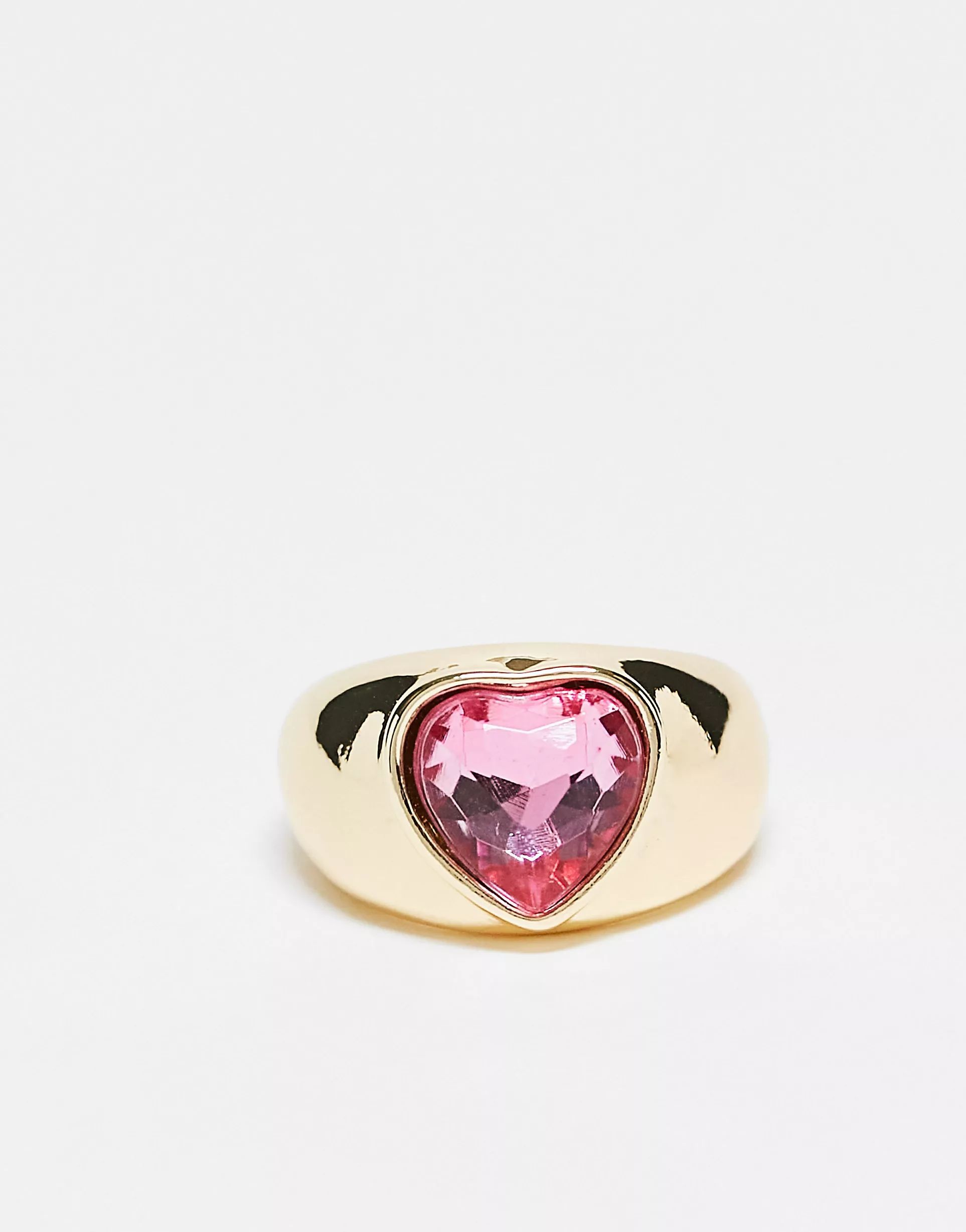 Pieces exclusive Valentines oversized diamante heart sovereign ring in pink | ASOS (Global)