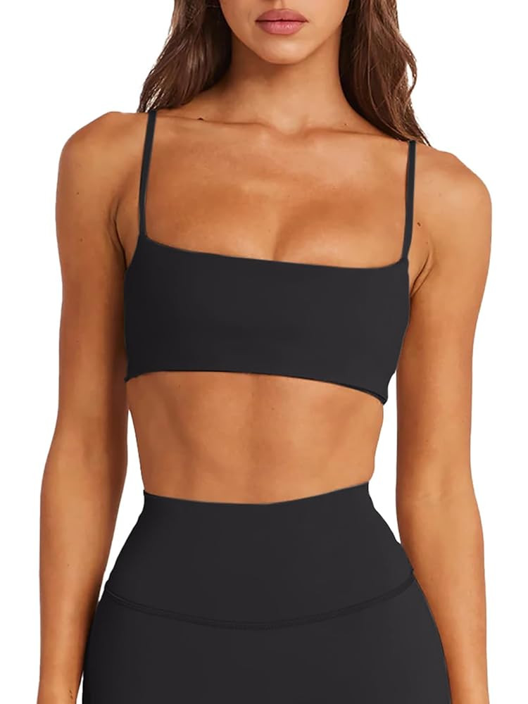 LASLULU Womens Adjustable Spaghetti Straps Sports Bra Square Neck Wireless Padded Workout Yoga Cr... | Amazon (US)