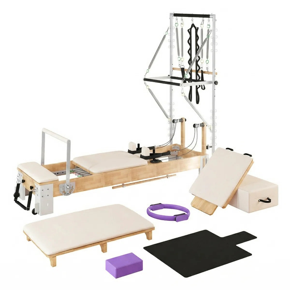2-In-1 Professional Wooden Pilates Reformer With Tower & Mat, Full Studio Bundle With Sitting Box... | Wayfair North America