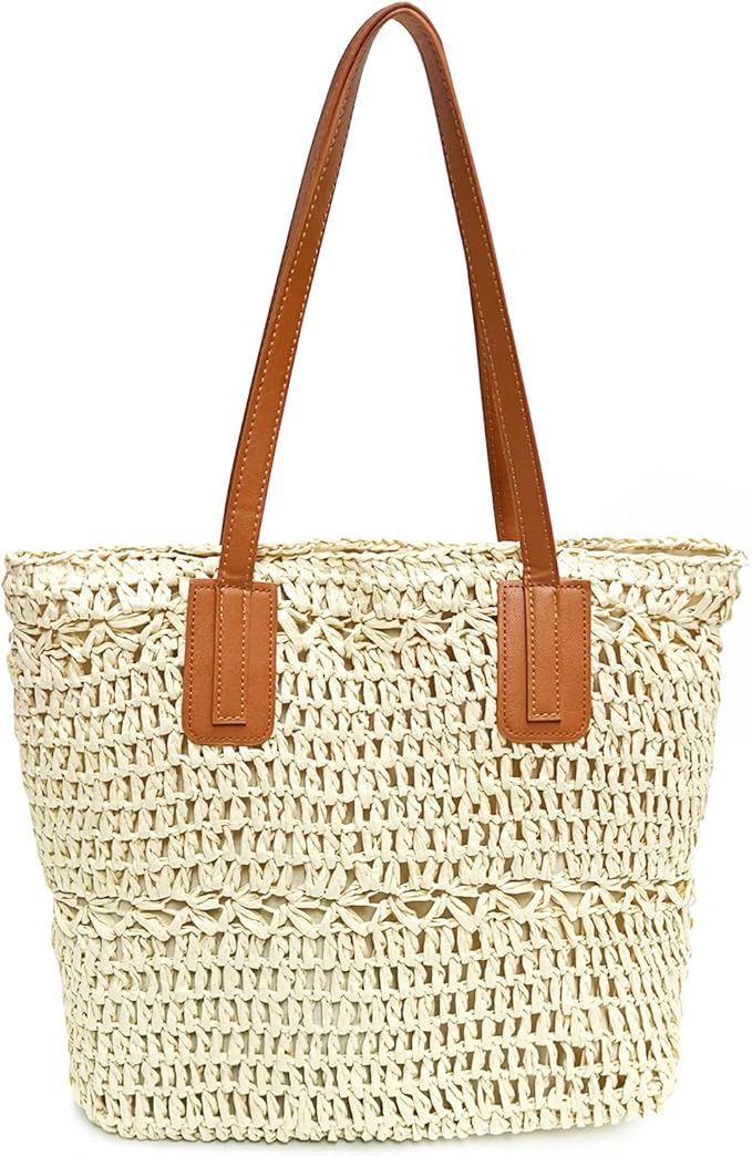 Straw Beach Bag for Women Woven Structured Tote Bag Summer Shoulder Handbags | Amazon (US)