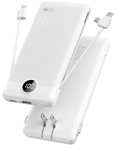 VRURC Portable Charger Built-in Cables and AC Wall Plug, USB C Power Bank 10000mAh, [2023 Upgraded Version] Phone Charger Compact Lightweight External Battery Pack for Smart Phones, Tablets etc-White | Amazon (US)
