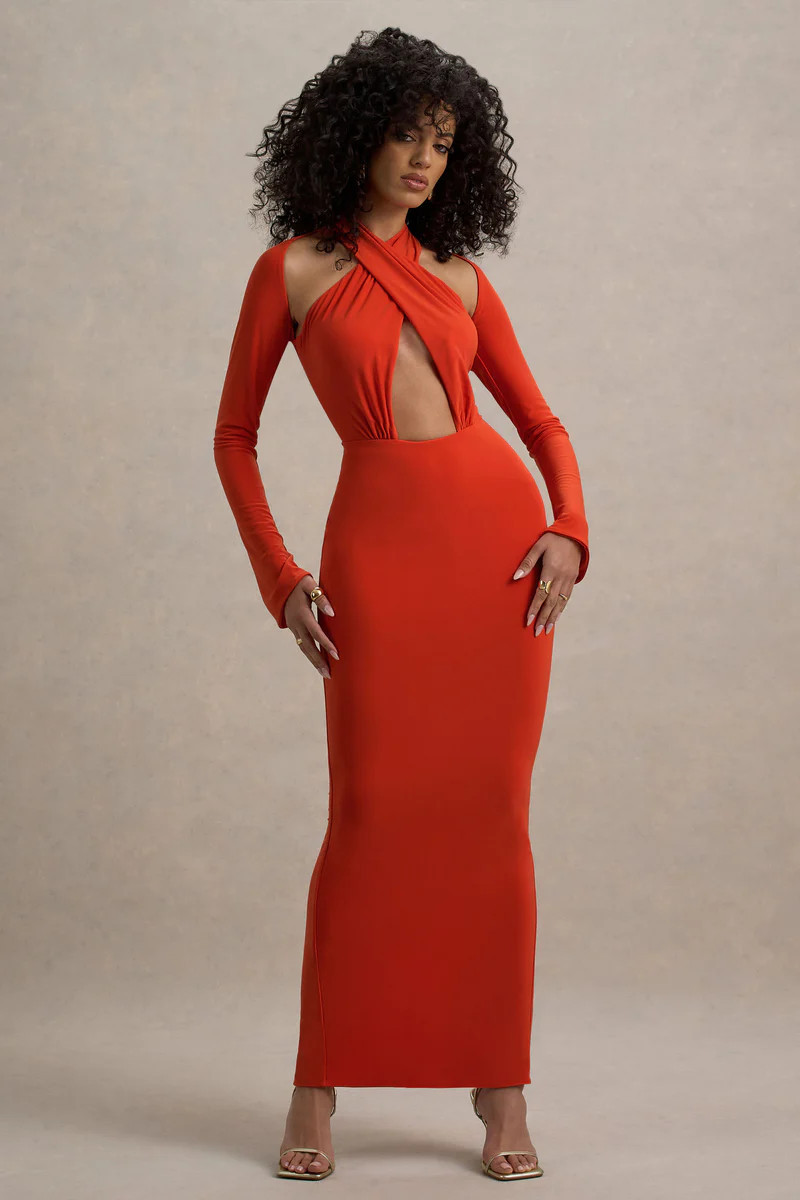 Gita | Orange Halter-Neck Long-Sleeve Maxi Dress | Club L London