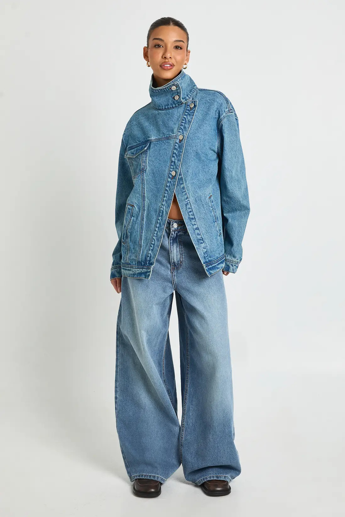 Vintage Wash Funnel Neck Denim Jacket | Boohoo | Boohoo.com (UK & IE)