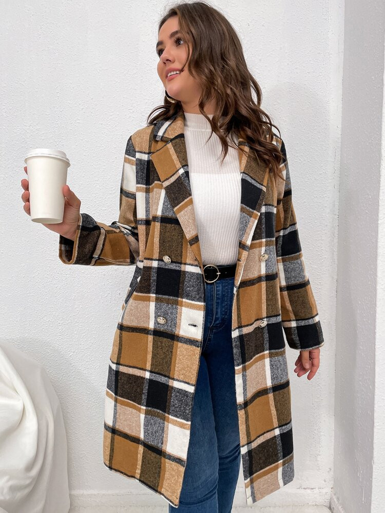 Plus Plaid Double Breasted Lapel Collar Overcoat | SHEIN