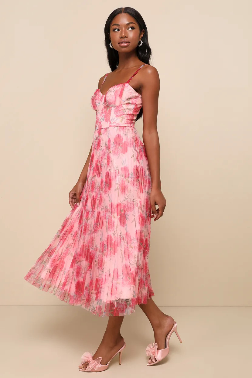 Alluring Invite Light Pink Floral Pleated Bustier Midi Dress | Lulus