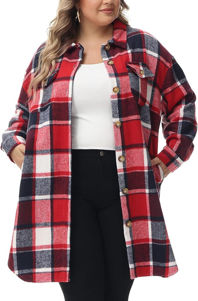 URBEST Women's Oversized Plaid Shacket - Cozy Long Sleeve Button Down Jacket with Pockets, Knee L... | Amazon (US)