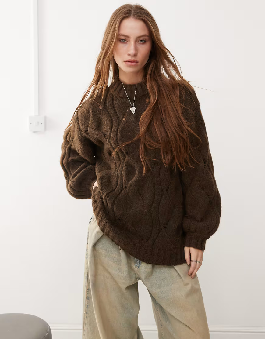 Monki oversized crew neck cable knitted sweater in brown | ASOS (Global)