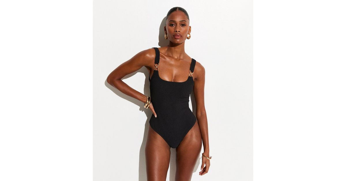 Black Tummy Control Double Ring Trim Swimsuit | New Look | New Look (UK)