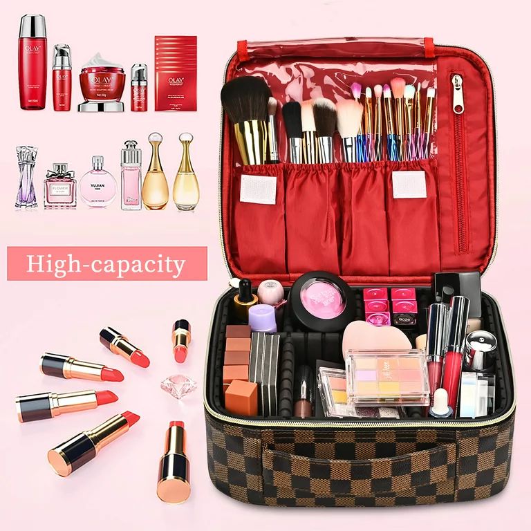 Makeup Bag for Women, Checkered Cosmetic Case, Travel Cosmetic Organizer with Adjustable Dividers... | Walmart (US)