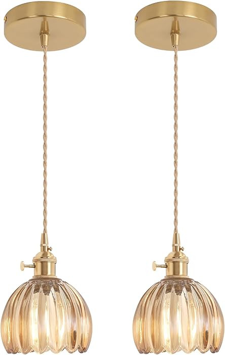 Shenmoyl Pendant Light 2 Pack with Amber Tulip Glass Lmapshade, Brass Vintage Pendant Light Adjus... | Amazon (US)
