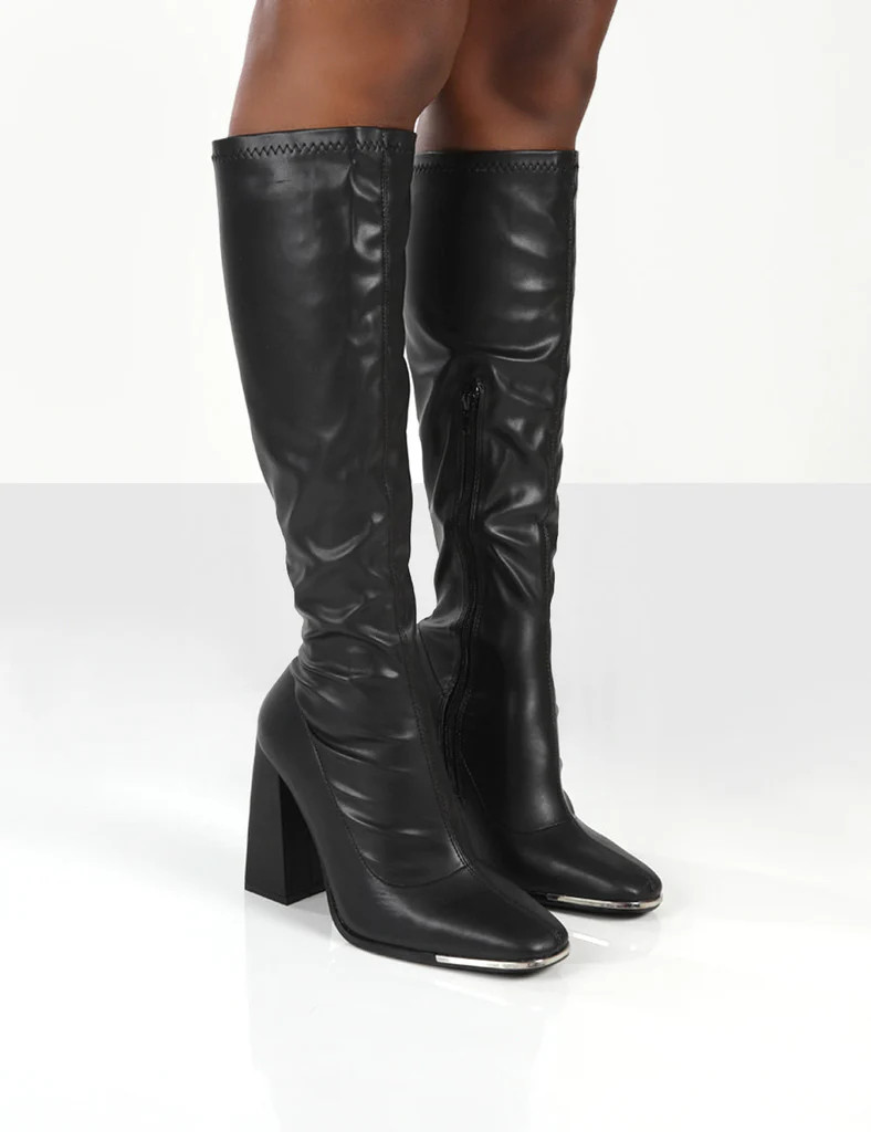 Caryn Black PU Knee High Block Heeled Boot | Public Desire (US & CA)