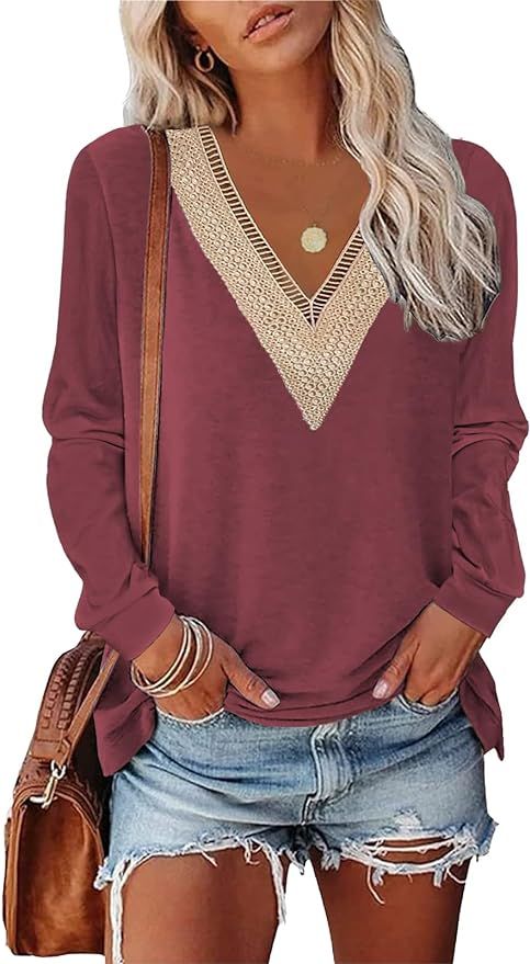 Womens Fall Fashion 2023 Long Sleeve Shirts V Neck Sweartshirt for Women Sweaters Dressy Casual T... | Amazon (US)