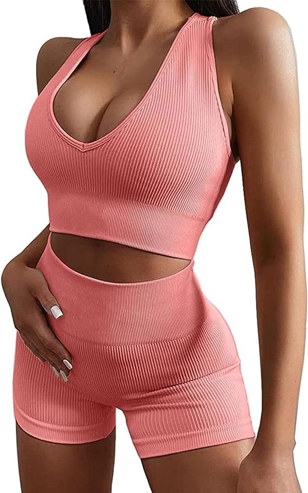 Micoson Womens Seamless Workout Sets Two Piece Exercise Outfits Ribbed Racerback Activewear Sets | Amazon (US)