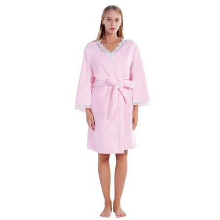 Women Plush Robe Lace Short Fleece Robes Soft Warm Spa Bathrobe | Walmart (US)