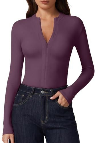 QINSEN Women's Quarter Zip Top V Neck Long Sleeve Going Out Crop Tops Ribbed Knit Slim Fit T Shirt Deep Purple XL | Amazon (US)