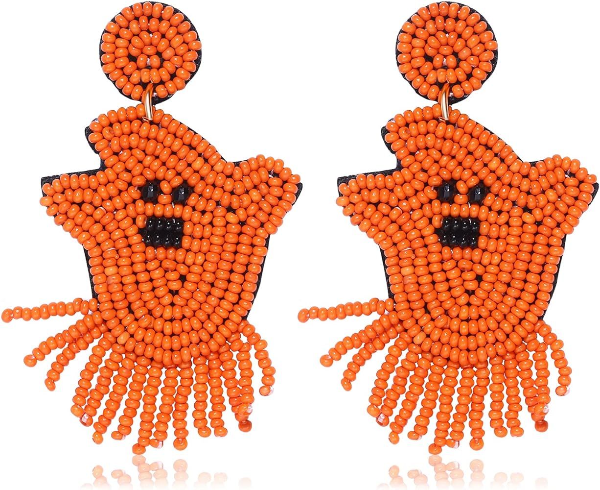 BSJELL Halloween Earrings Beaded Fringe Pumpkin Spooky Ghost Dangle Earrings Halloween Costume Ac... | Amazon (US)