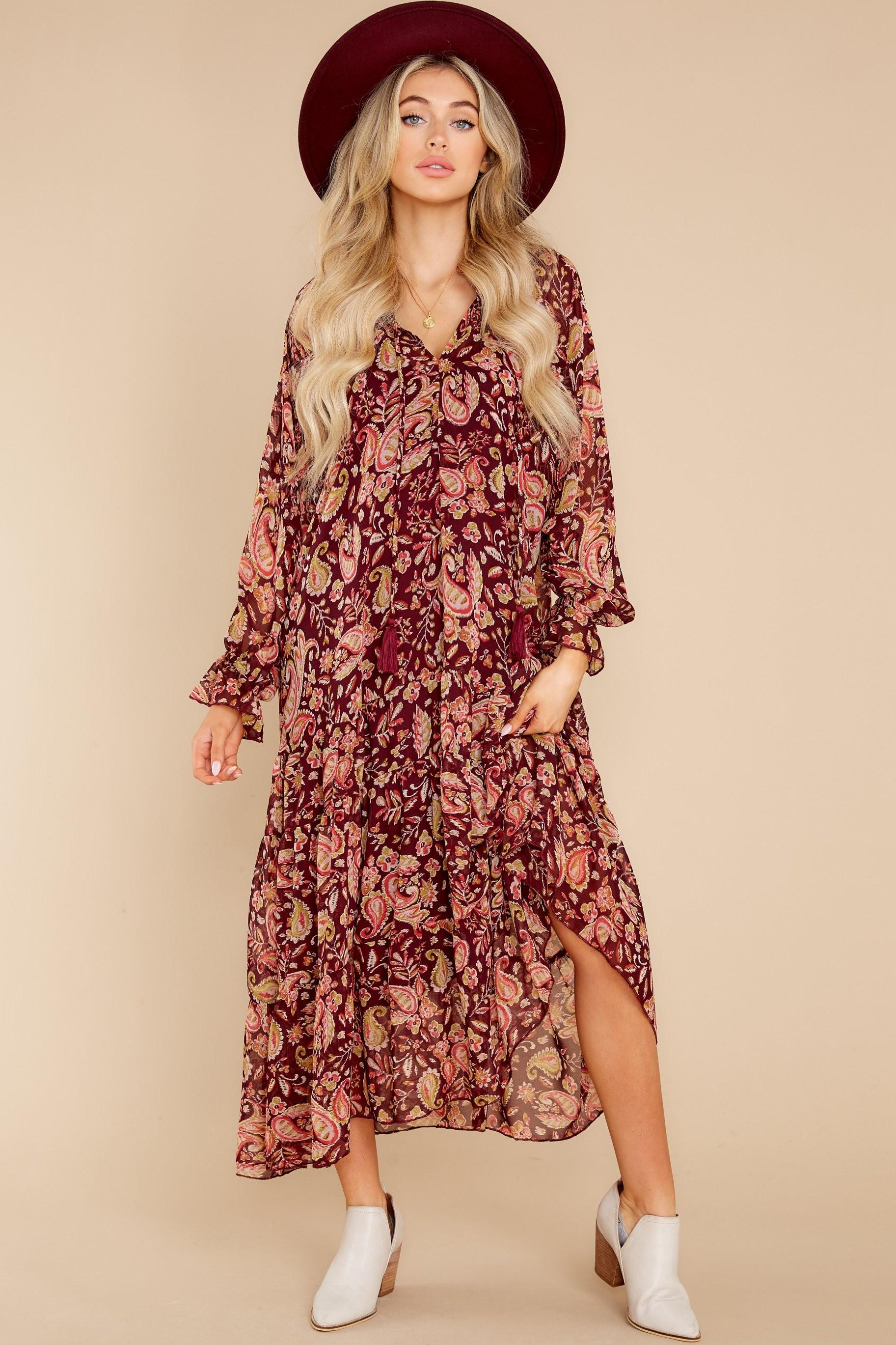 Full Moon Glow Burgundy Paisley Print Maxi Dress | Red Dress 