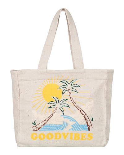 Roxy Large Capacity Lightweight Causal Cotton Canvas Beach Tote Bag, Drink The Wave - Nautral | Amazon (US)