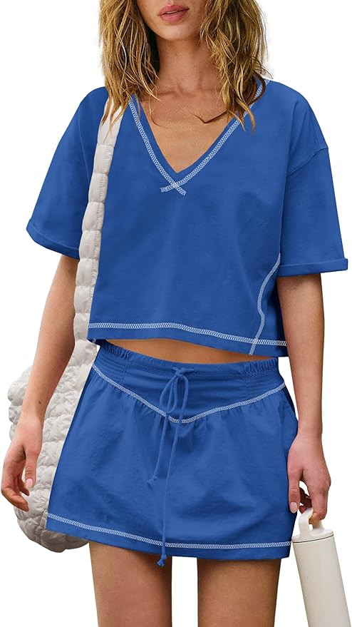 Yanekop Womens 2 Piece Workout Sets Two Piece Skirt Sets V Neck T Shirts and Mini Skort Set Summe... | Amazon (US)