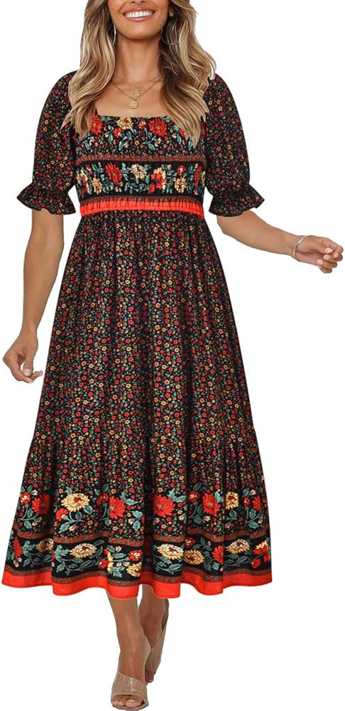Women's Summer Bohemian Square Neck Floral Print Ruffle Vintage Flowy Beach Vacation Long Midi Bo... | Amazon (US)