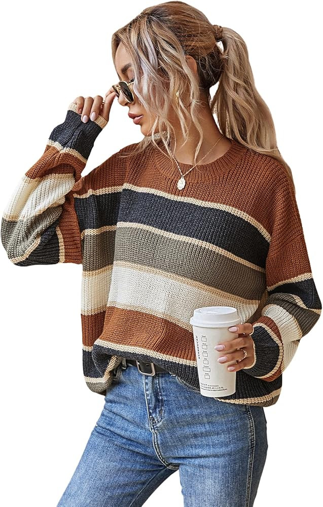 SheIn Women's Striped Long Sleeve Sweater Round Neck Colorblock Pullover Top | Amazon (US)