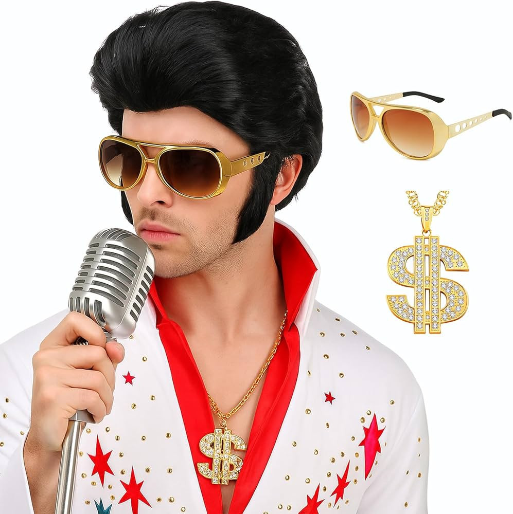 Men's 50s Rock Style Costume Wig with Glasses Necklace Set for Rocker Cosplay Disco Parties and H... | Amazon (US)