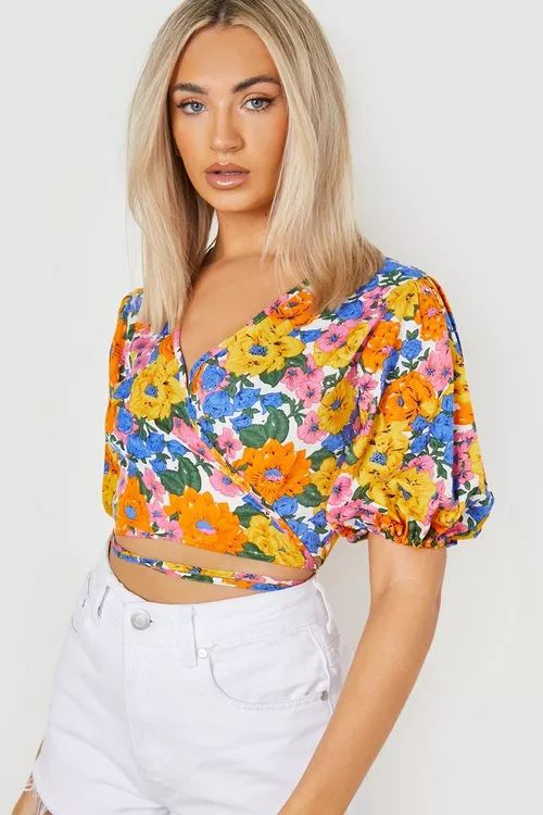 Floral Puff Sleeve Tie Back Crop Top | Boohoo.com (US & CA)