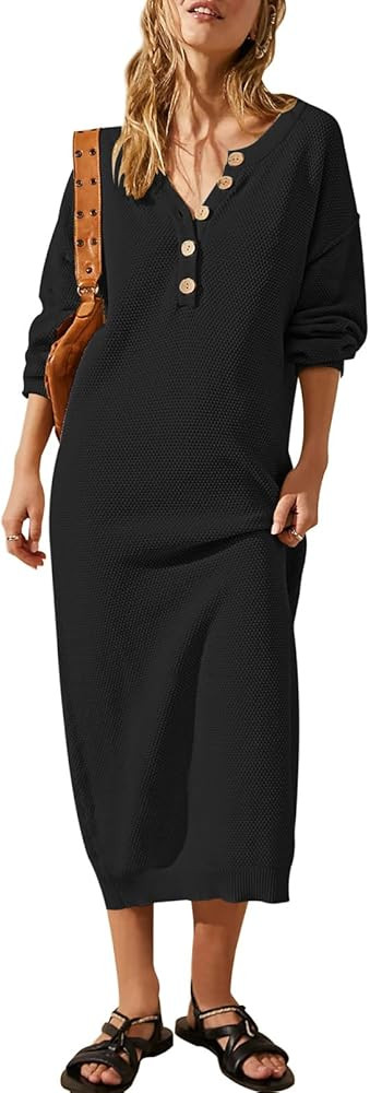 Pink Queen Women's 2024 Fall Sweater Dresses Button V Neck Batwing Long Sleeve Oversized Waffle K... | Amazon (US)