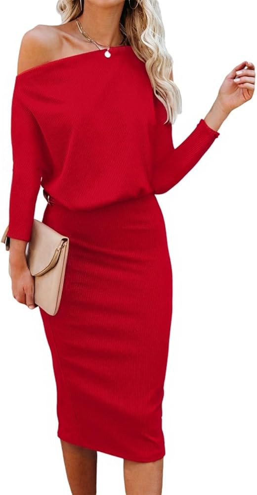 Ezbelle Women's Off The Shoulder 3/4 Sleeve Batwing HIPS-Wrap Pencil Party Sexy Bodycon Midi Dres... | Amazon (US)