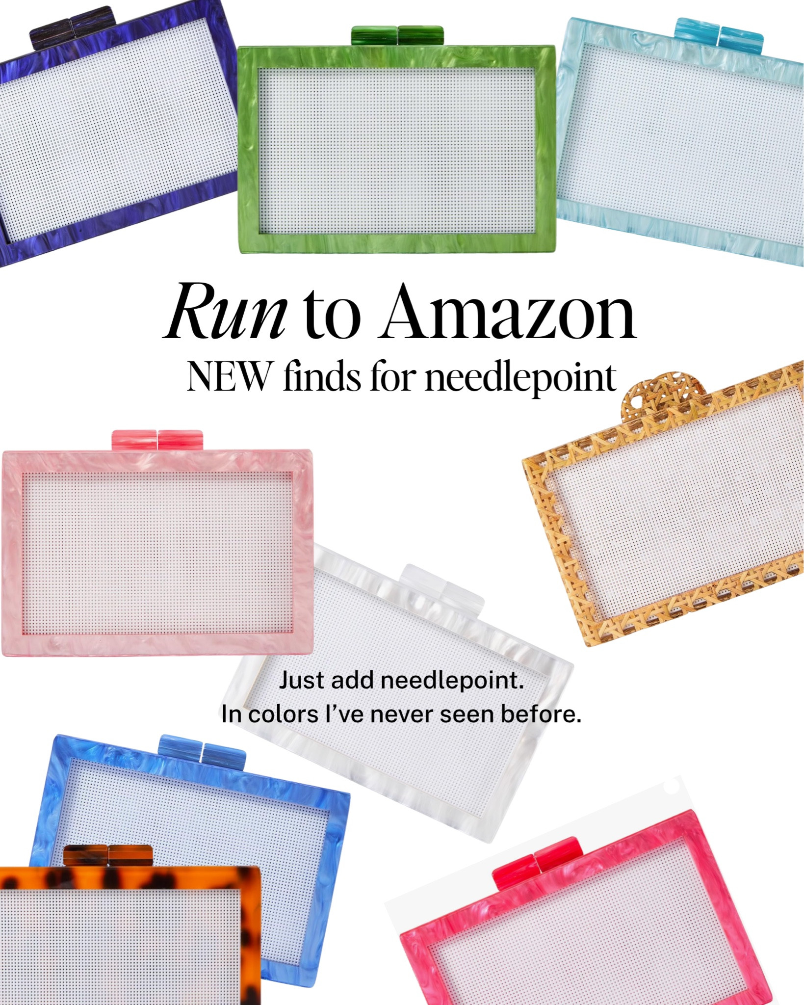 New Amazon finds for needlepoint. 

❤️  SHOP the links below! ❤️

I am always scrolling Amazon for the next finds for needlepoint. I was going to wait until this post was scheduled next week, but these are too good not to tell you about them right now.

I just about fell out of my chair when I saw the colors on these acrylic clutches. 
Just add a double sided sticker sheet and add your canvas. Easy peasy and a steal of a gift idea. 

I found a bunch of NEW acrylic trays, some with super deep drawers, new sizes and great deals. 

Happy Stitching!

#LTKHome #LTKSaleAlert #LTKOver40