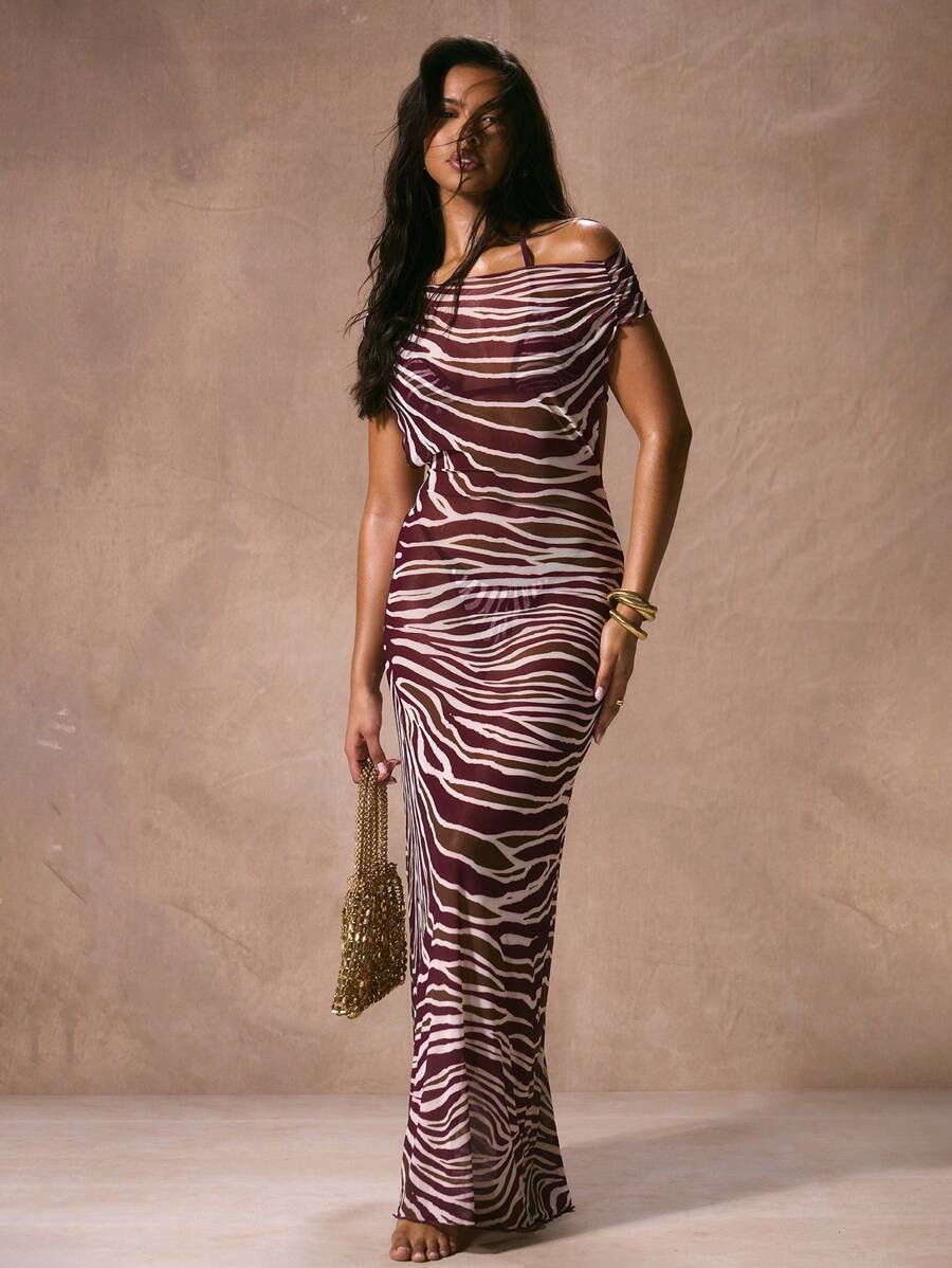 Musera Resort Asymmetric Neck Short Sleeve Print Chiffon Fitted Maxi Cover Up Beach Dress Swim Va... | SHEIN