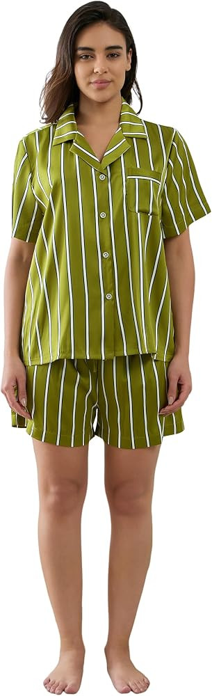Womens Silk Satin Shorts Pajamas Set Button Down 2 Piece Pjs Short Sleeve Oversized Sleepwear wit... | Amazon (US)