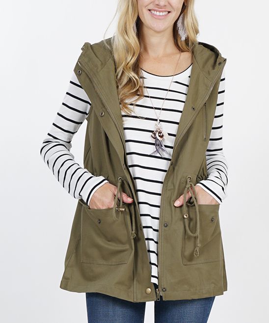 Lydiane Women's Sweatshirts and Hoodies OLIVE - Olive Drawstring-Waist Pocket Hooded Military Vest - | Zulily
