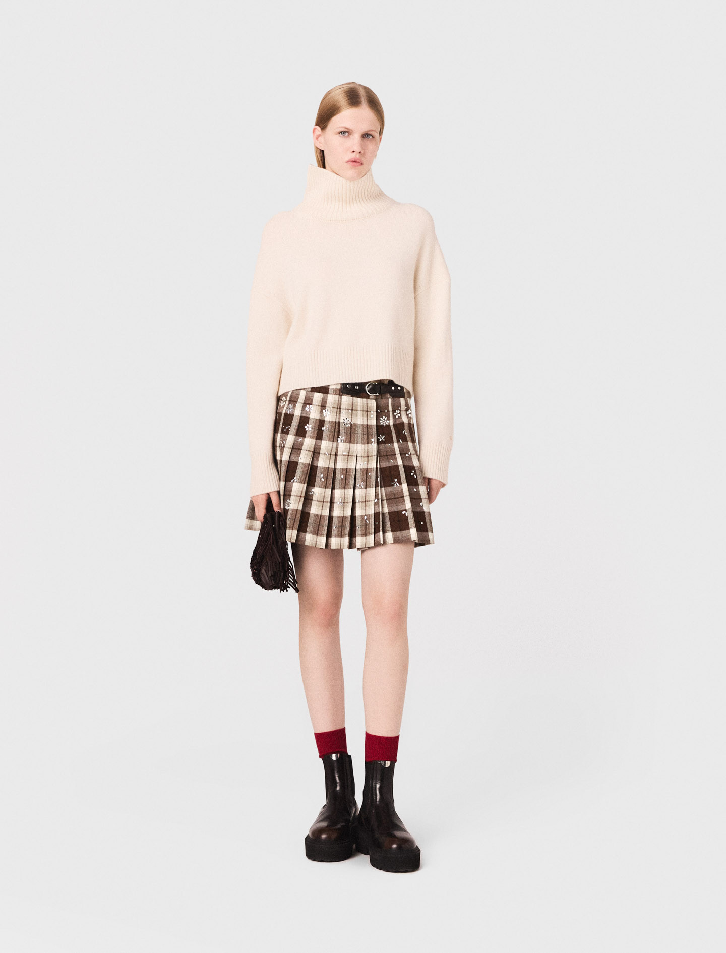Rhinestone checked kilt Brown for Women | Maje | Maje US