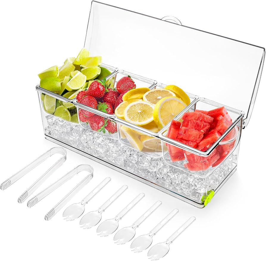 Jucoan Large Ice Chilled Condiment Server with Lid, 4 Compartments Chilled Condiment Caddy, Bar G... | Amazon (US)