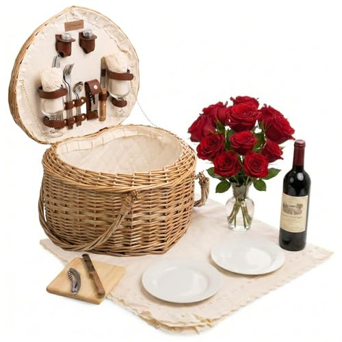PICNIC TIME Heart Picnic Basket for 2, Wicker Basket with Handle, Complete Deluxe Service for Two, Handwoven and Sturdy Willow Constructed with Fully-lined interior and Accessories, (Antique White) | Amazon (US)