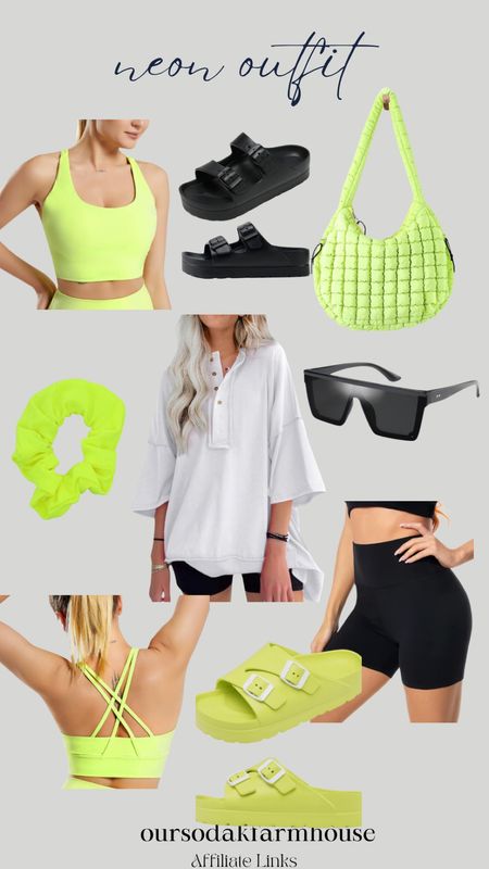 Neon outfit, quilted bag, sandals, slides, biker shorts, neon yellow outfit, amazon outfit, neon sports bra, summer outfit, free people dupe 

#LTKShoeCrush #LTKU #LTKStyleTip