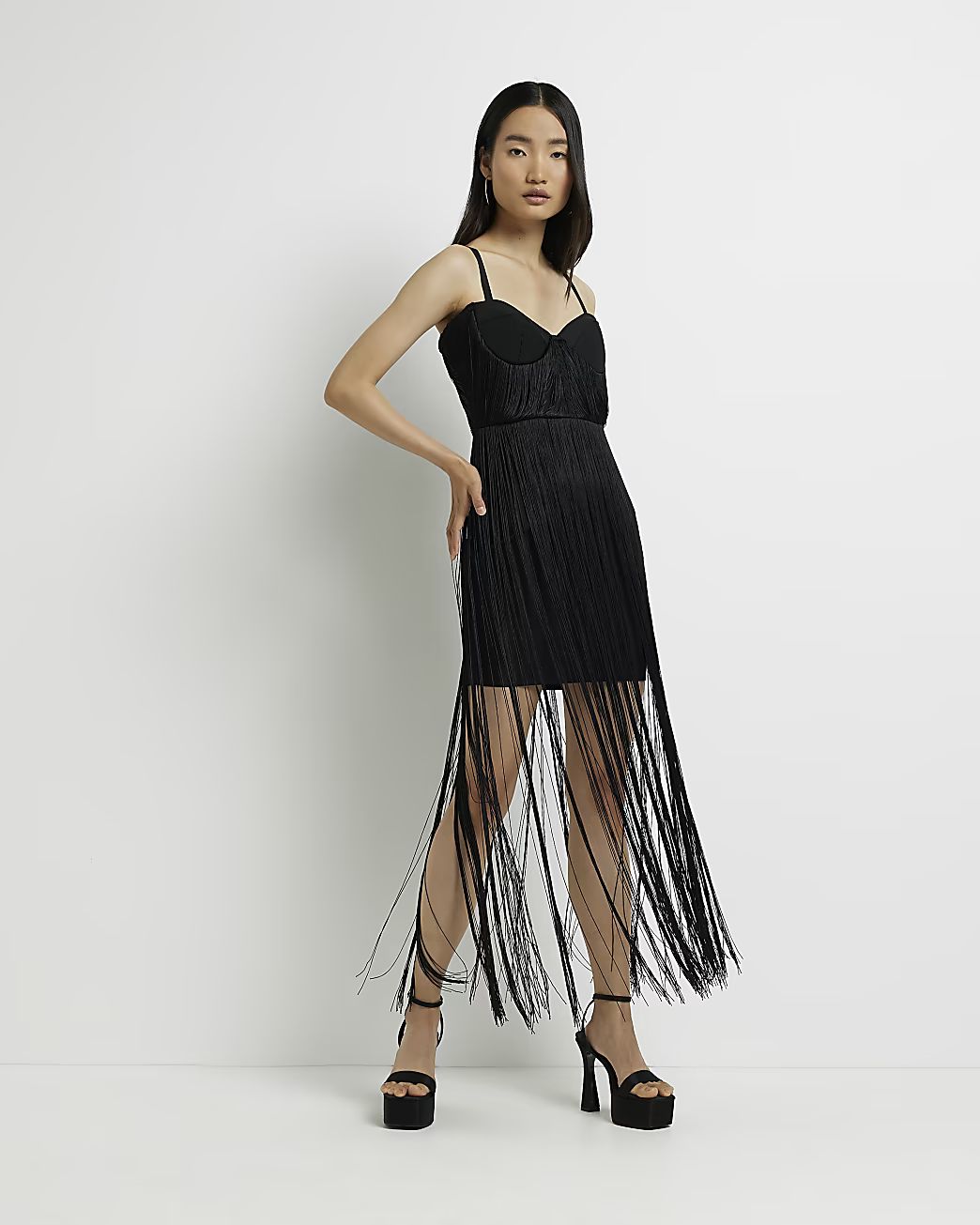 Black fringe mini bodycon dress | River Island (US)