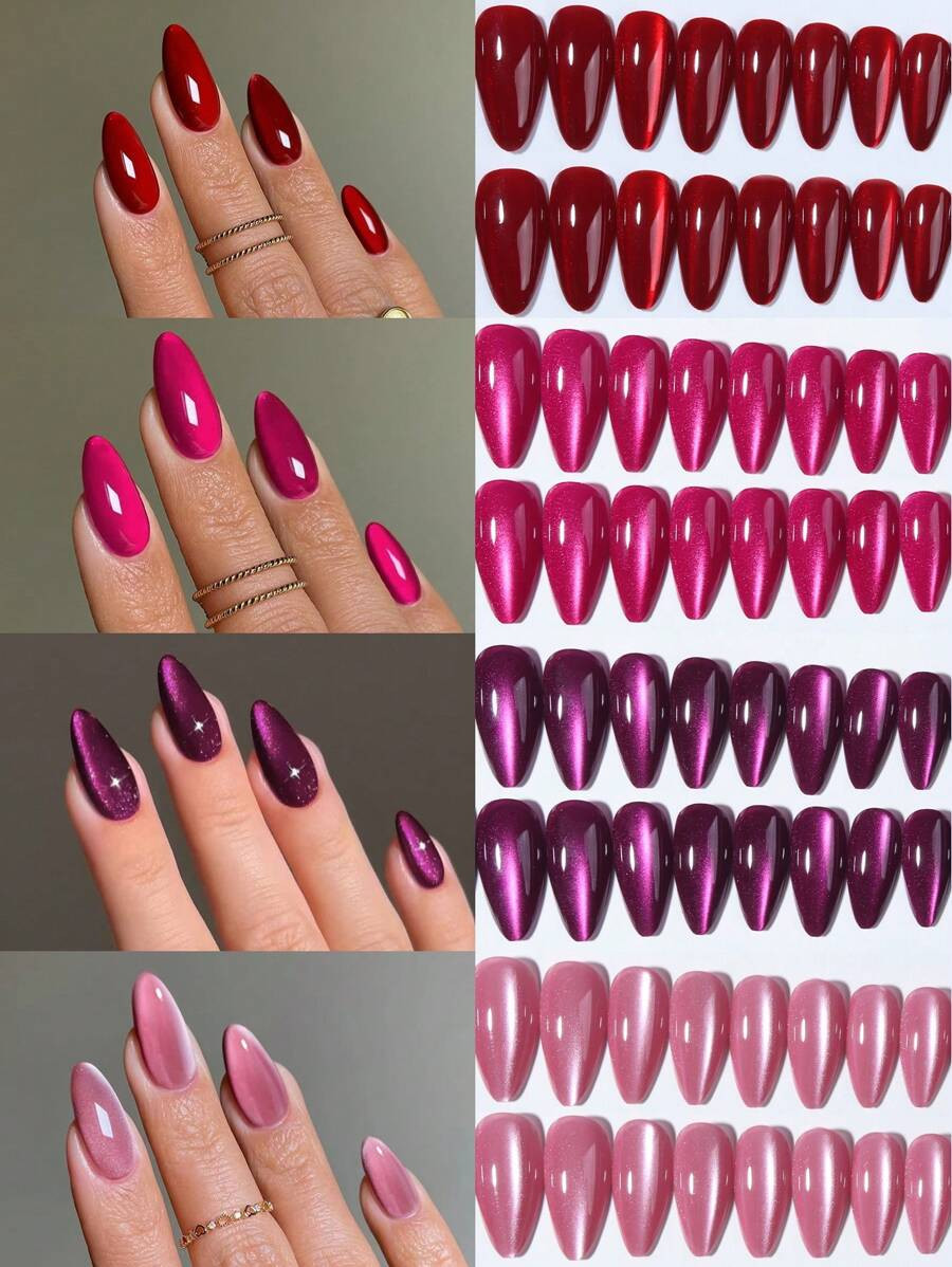 98Pcs(4Mixed )Y2K Long Almonds Glossy Aesthetic Blood-Red Crystal Cat Eye Acrylic Press On Nails ... | SHEIN