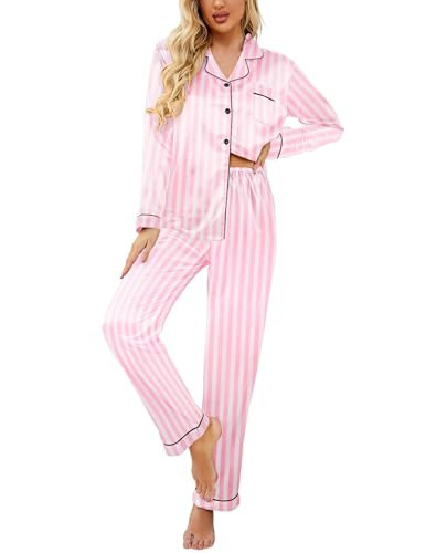 Ekouaer Women's Classic Button Down Long Satin Silk Pajama Set,Large,Pink Stripes | Amazon (US)