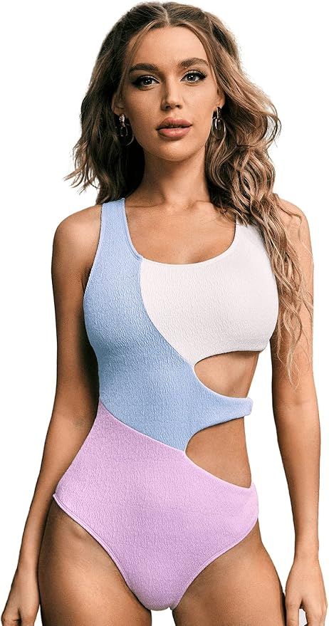 SweatyRocks Women's Color Block Cut-Out One Piece Swimsuit Scoop Neck Tank Bathing Suit Swimwear ... | Amazon (US)