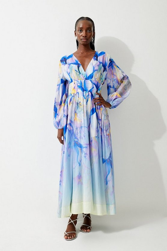 Ombre Floral Silk Cotton Plunge Maxi Dress | Karen Millen US