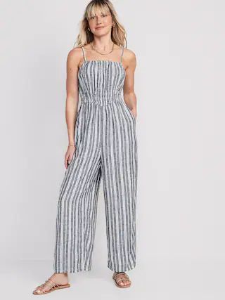 Striped Linen-Blend Cropped Smocked Cami Wide-Leg Jumpsuit for Women | Old Navy (CA)