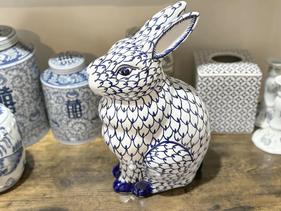 Porcelain Bunny Sculpture Elegant Blue and White Feathered Design Decorative Accent for Home or E... | Etsy (US)