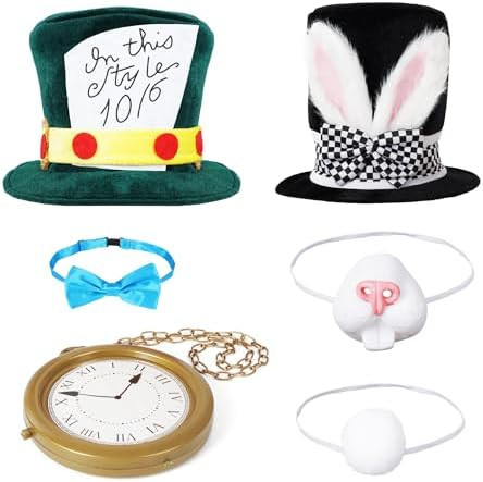 White Rabbit and Mad Hatter Costume Set – 6-Piece Set with Hats, Neck Clock, Tail, Bunny Nose, ... | Amazon (US)