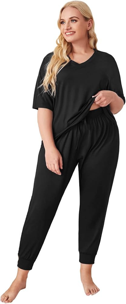 OYOANGLE Women's Plus Size 2 Piece Short Sleeve Pajama Set Letter Tshirt and pants Lounge Set Sle... | Amazon (US)