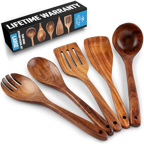 Zulay Kitchen Extra-Large 5-Piece Wooden Spoon Set - Smooth Teak Cooking Utensils - Comfort-Grip Non-Stick Turner, Spatula, Skimmer, Fork, Serving Spoon | Amazon (US)