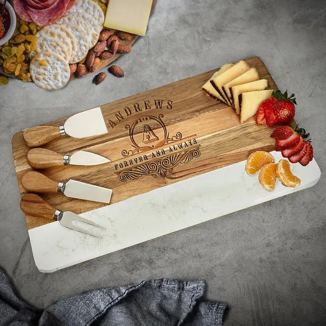 Trieste Large Personalized Cheese Board Set with Cheese Knives - Marble and Wood | HomeWetBar.com