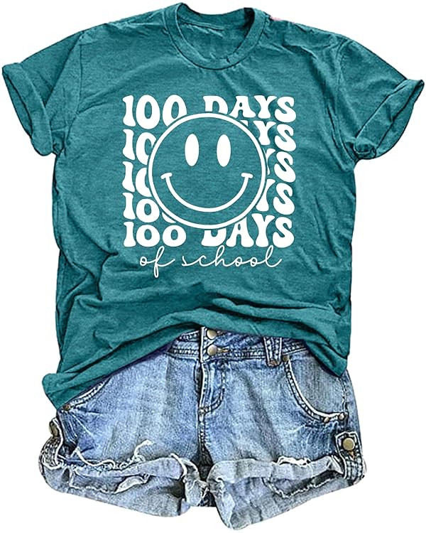 LHBNK Teacher Shirts Women Happy 100 Days of School T-Shirt Teach Print Graphic Tshirt Teacher Gi... | Amazon (US)